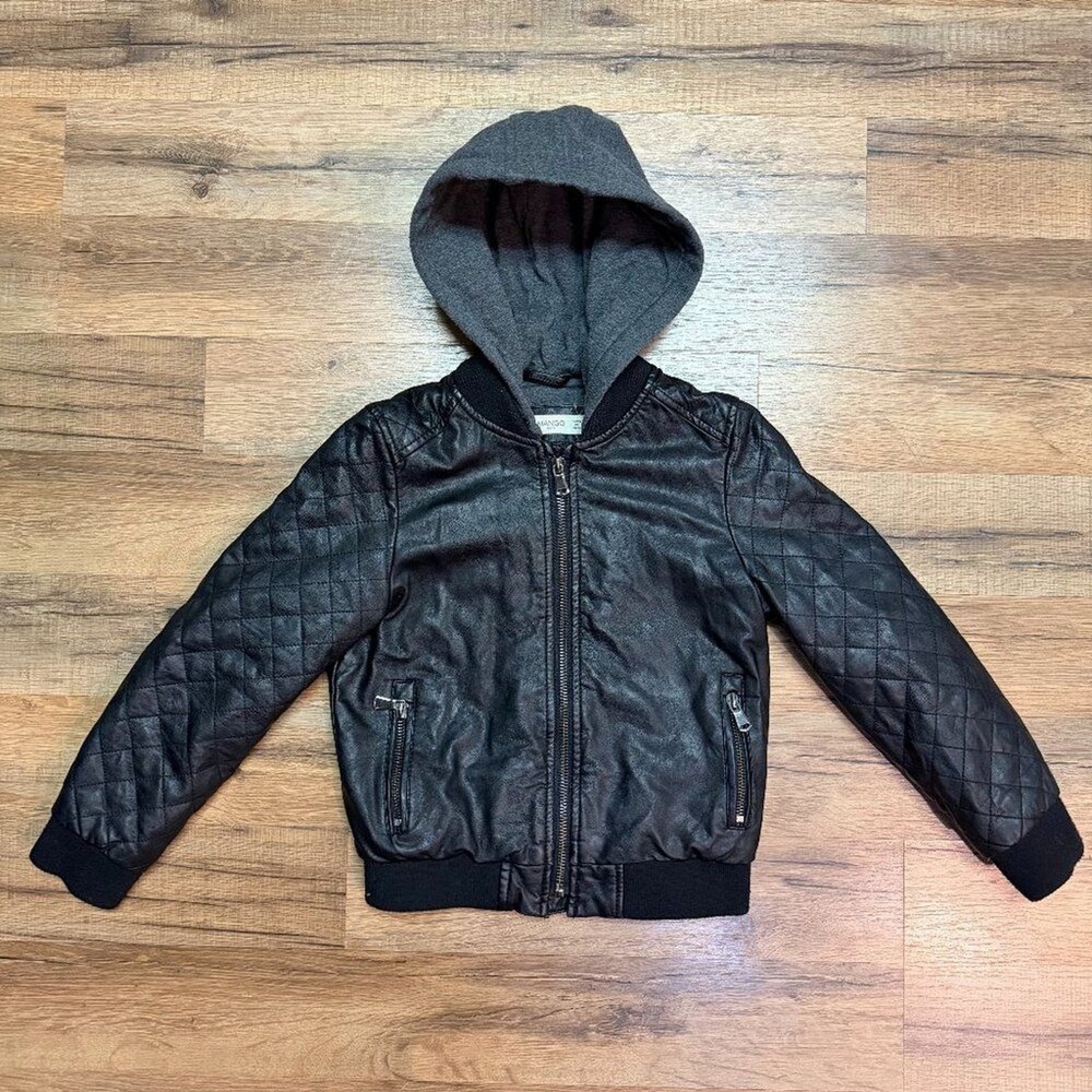Mango Boys Kids Faux Leather Quilted Jacket Hoody Sweatshirt Size 5/6
